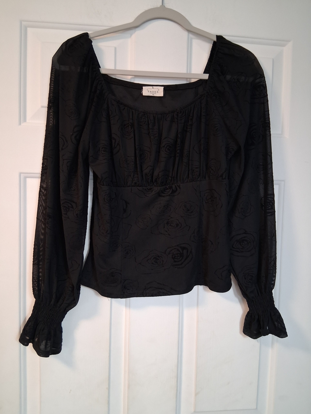 Ember Black Long-Sleeve Rose-Texture Peasant Blouse Casual Business Office XL